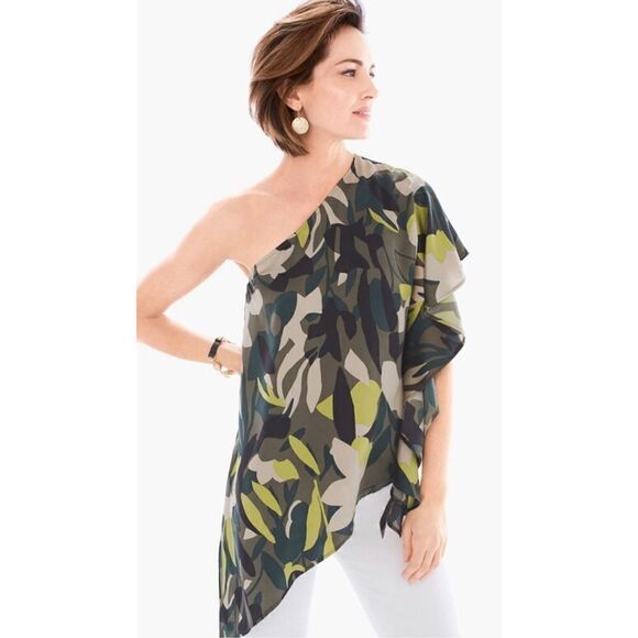 Chico's Black Label Silk One Shoulder Ruffle Top Size 1 Med nwt (2035) - Picture 2 of 9